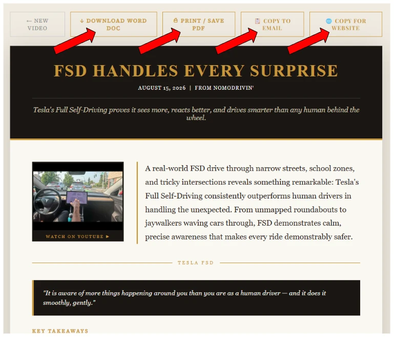 A finished brief with four export options